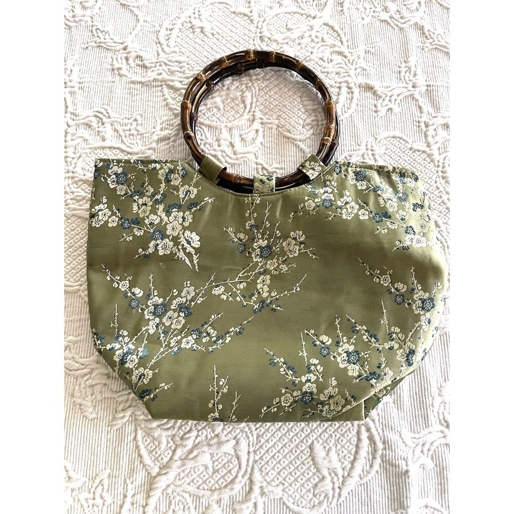 Asian Inspired Green Floral Handbag Brown Bamboo Handles - Picture 3 of 15